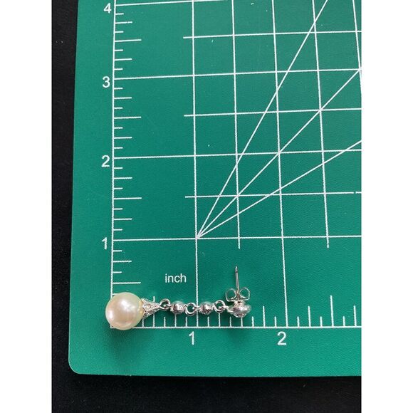 Dangle Drop Pierced Earrings Crystal & Faux Pearl Over Silver Plated - Picture 4 of 6